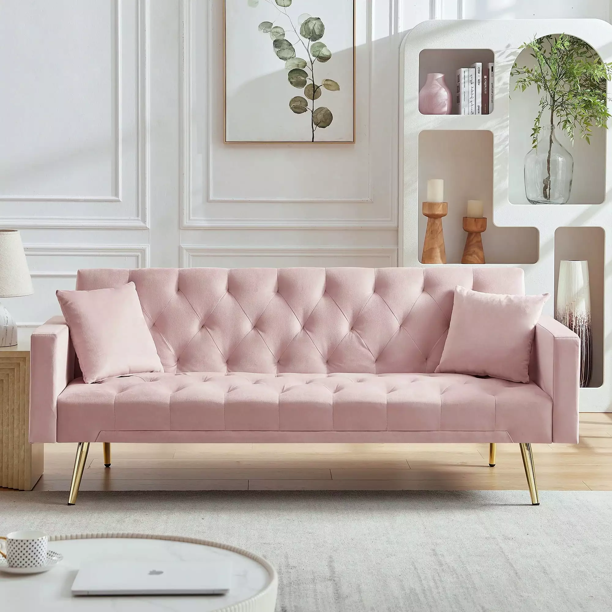 PINK Convertible Folding Futon Sofa Bed . Sleeper Sofa Couch for Compact Living Space.